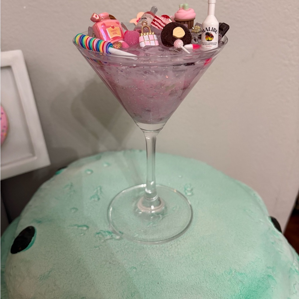 Pink Martini Glass with Miniature Party Supplies